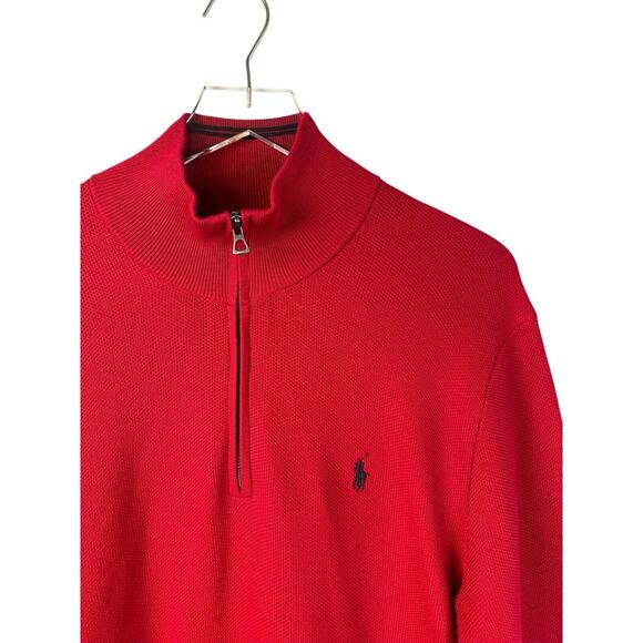 Polo Ralph Lauren Mesh Knit Cotton Quarter Zip Red Black Pony Sweater Medium - Picture 5 of 10